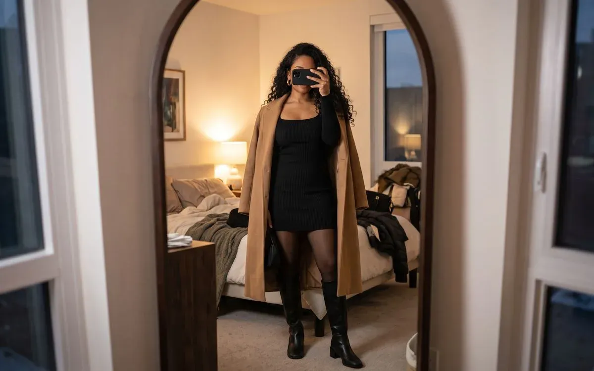 Styling illustration (AI-generated): a woman taking a mirror selfie in a cozy bedroom, phone covering her face, in a black ribbed long-sleeve mini dress, sheer black tights, black knee-high boots, and a camel coat over her shoulders.