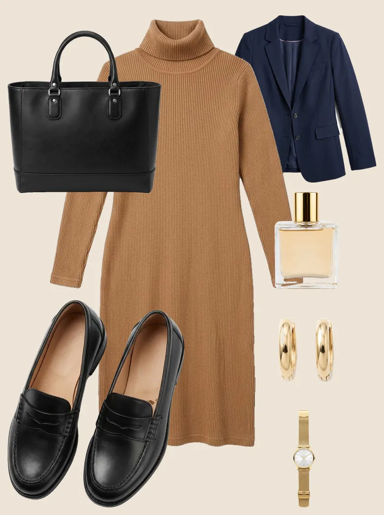 Styling illustration (AI-generated): flat lay of a camel turtleneck sweater dress with a navy blazer, black loafers, a black tote, gold hoops, a gold watch, and perfume.