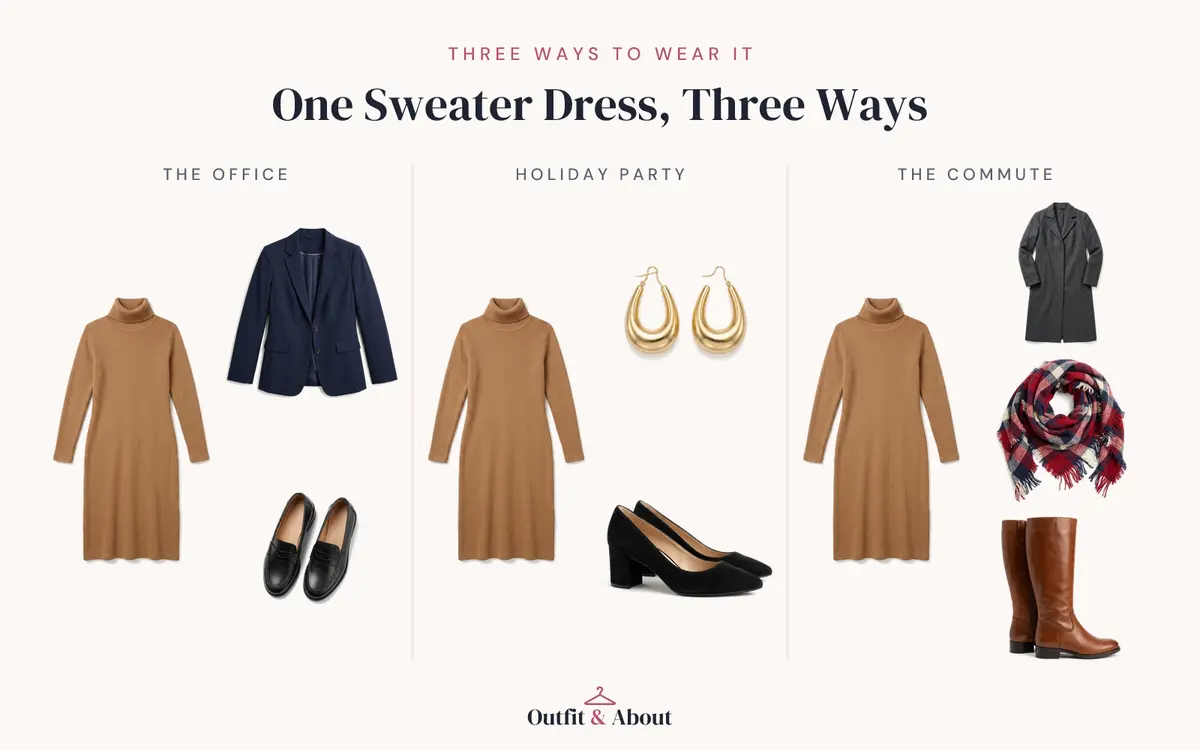 Collage of one camel turtleneck sweater dress styled three ways: in three columns: with a navy blazer and loafers for the office, gold earrings and black heels for a holiday party, and a gray wool coat, plaid scarf, and brown knee-high boots for the commute.