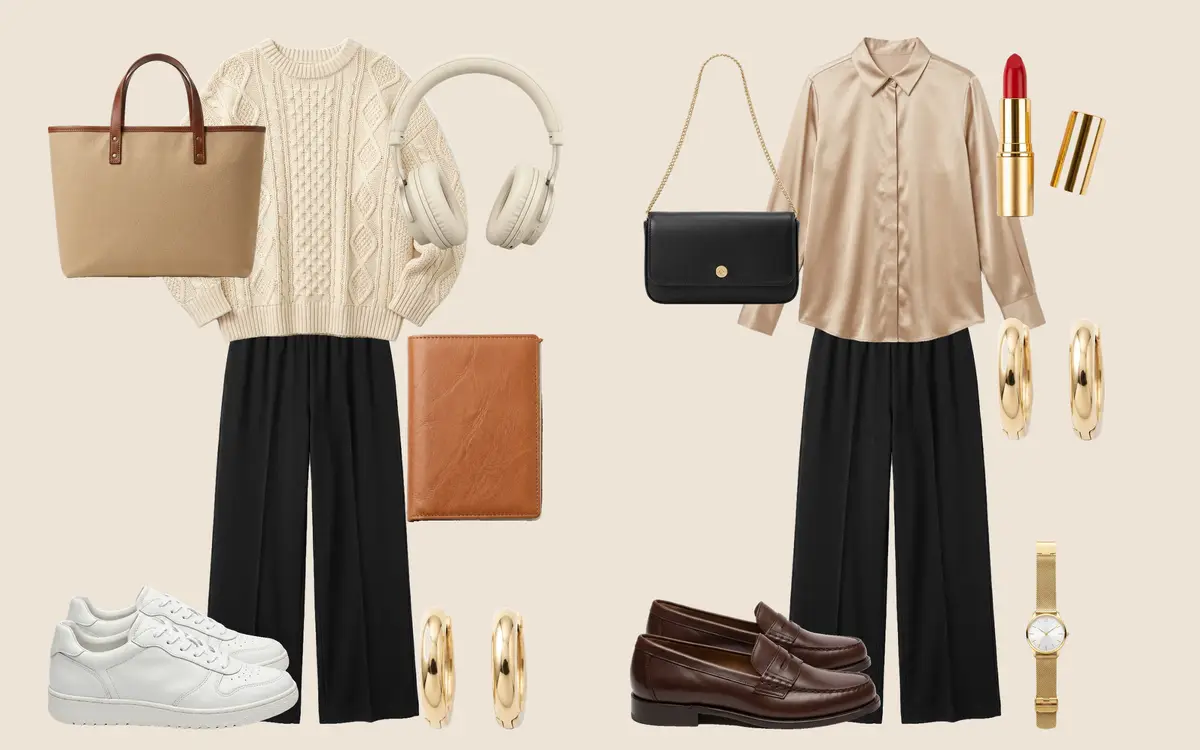 Two flat-lay outfits with black wide-leg pants: a cream cable-knit sweater with white sneakers, a canvas tote, and headphones for the airport, and a champagne satin blouse with brown loafers and a black chain bag for Thanksgiving dinner.